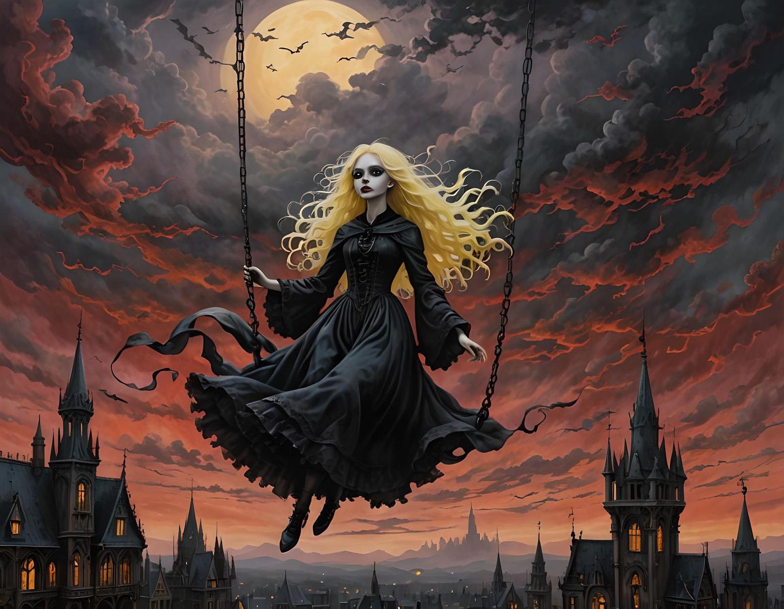 Gothic Girl Swings in Surreal Twilight