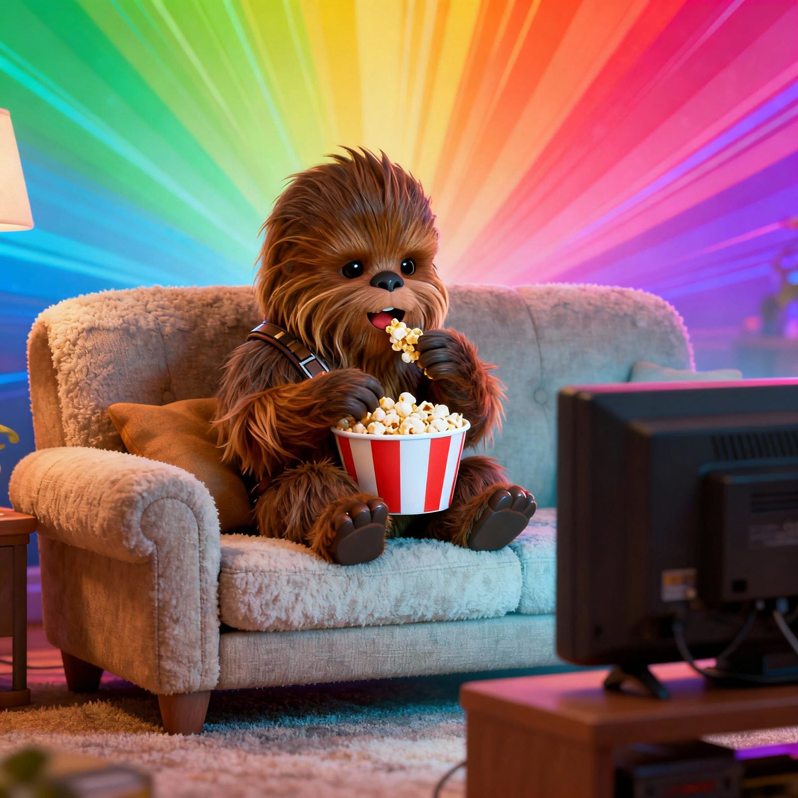 Furry Wookiee Enjoys Popcorn While Watching TV
