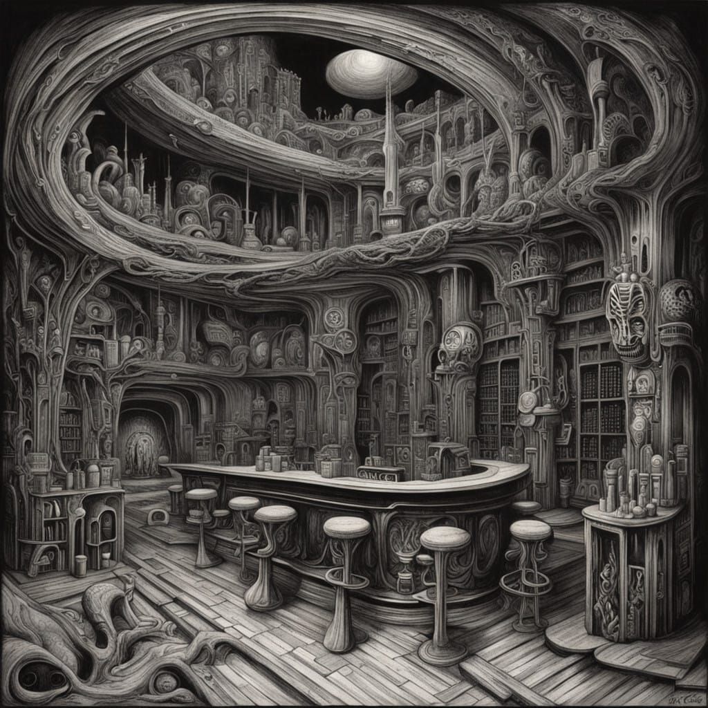 Surreal Bar Interior in Dark, Intricate Style