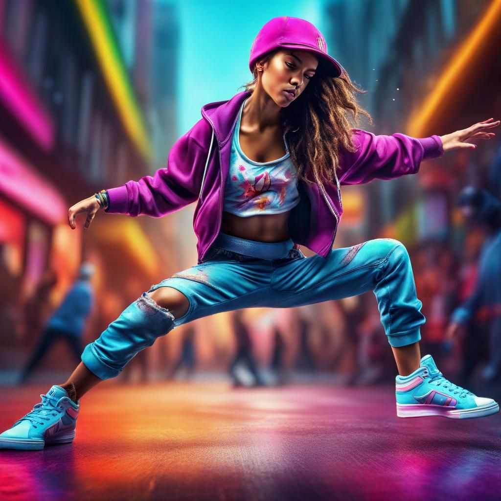 Breakdancing Girl in Hyperrealistic Splash Art Style