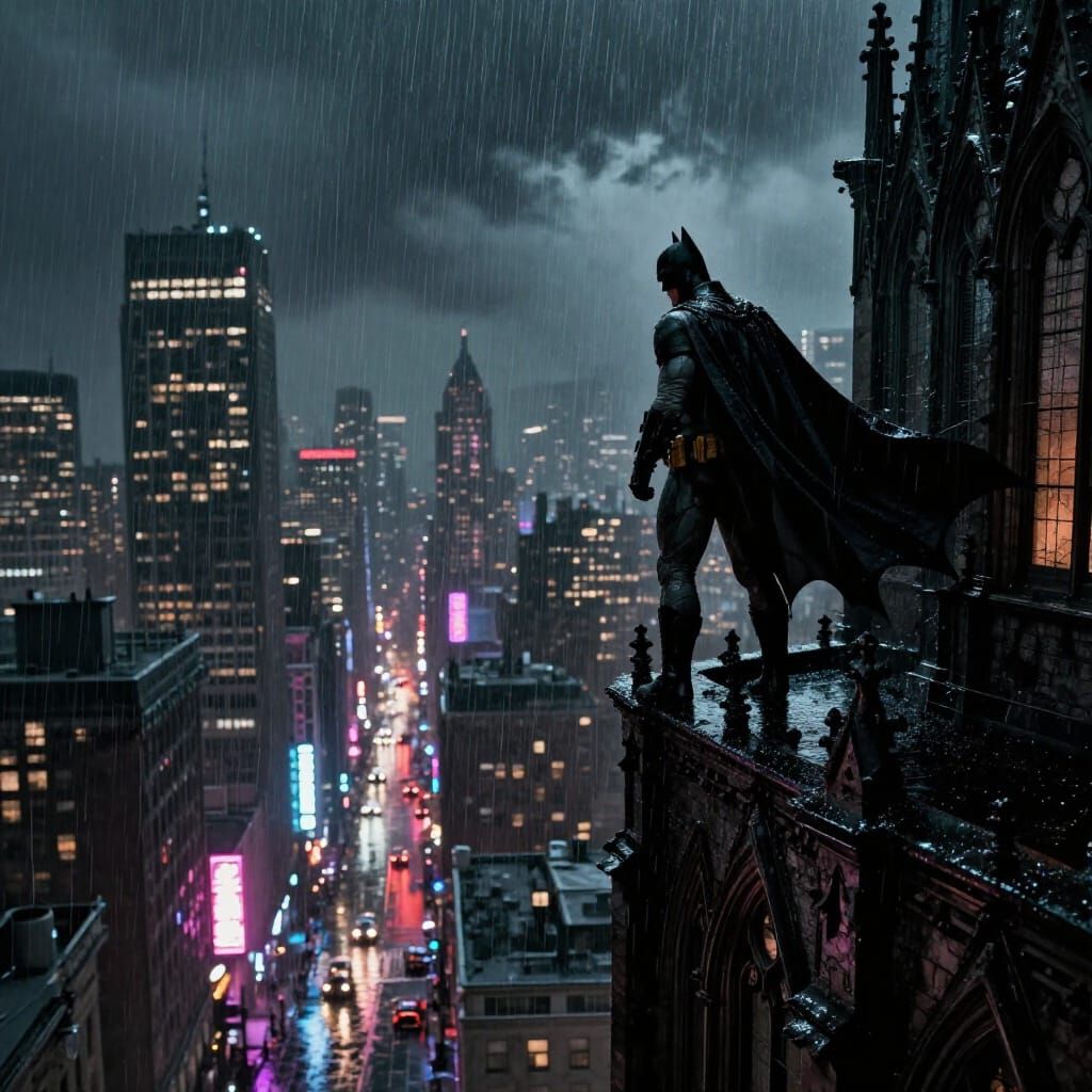 Batman Silhouetted Against Stormy Gotham Skyline