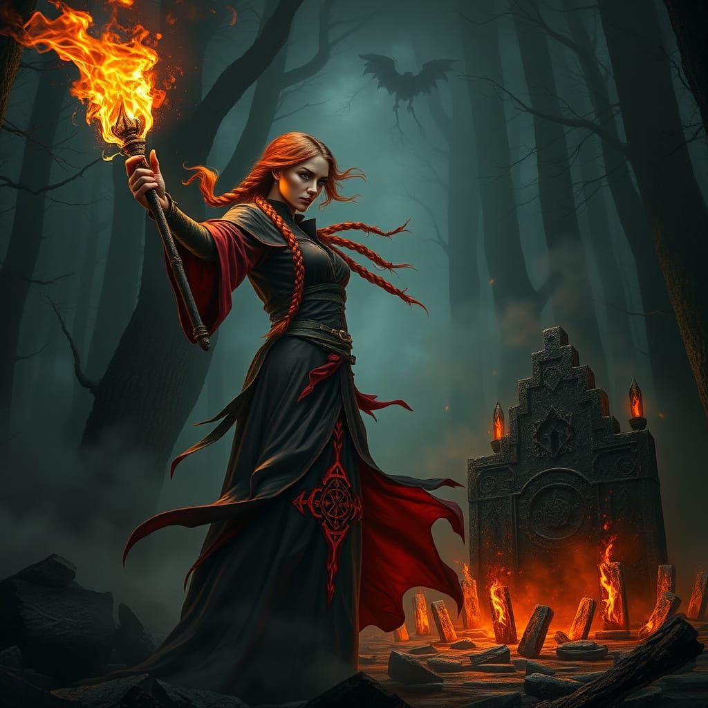 Mystic Sorceress Ignites Dark Magic in Blackened Forest