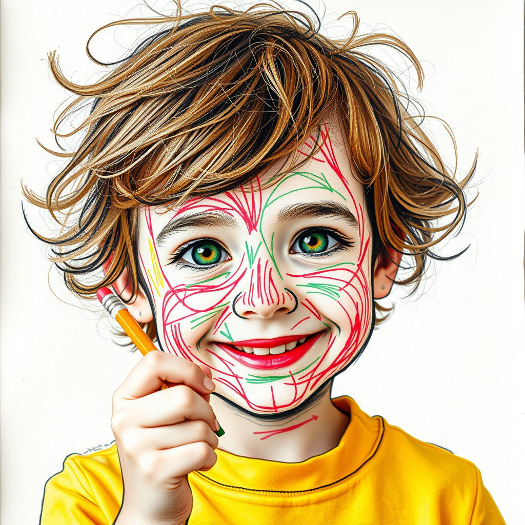 Child Artist Doodles Face in Street Art Style