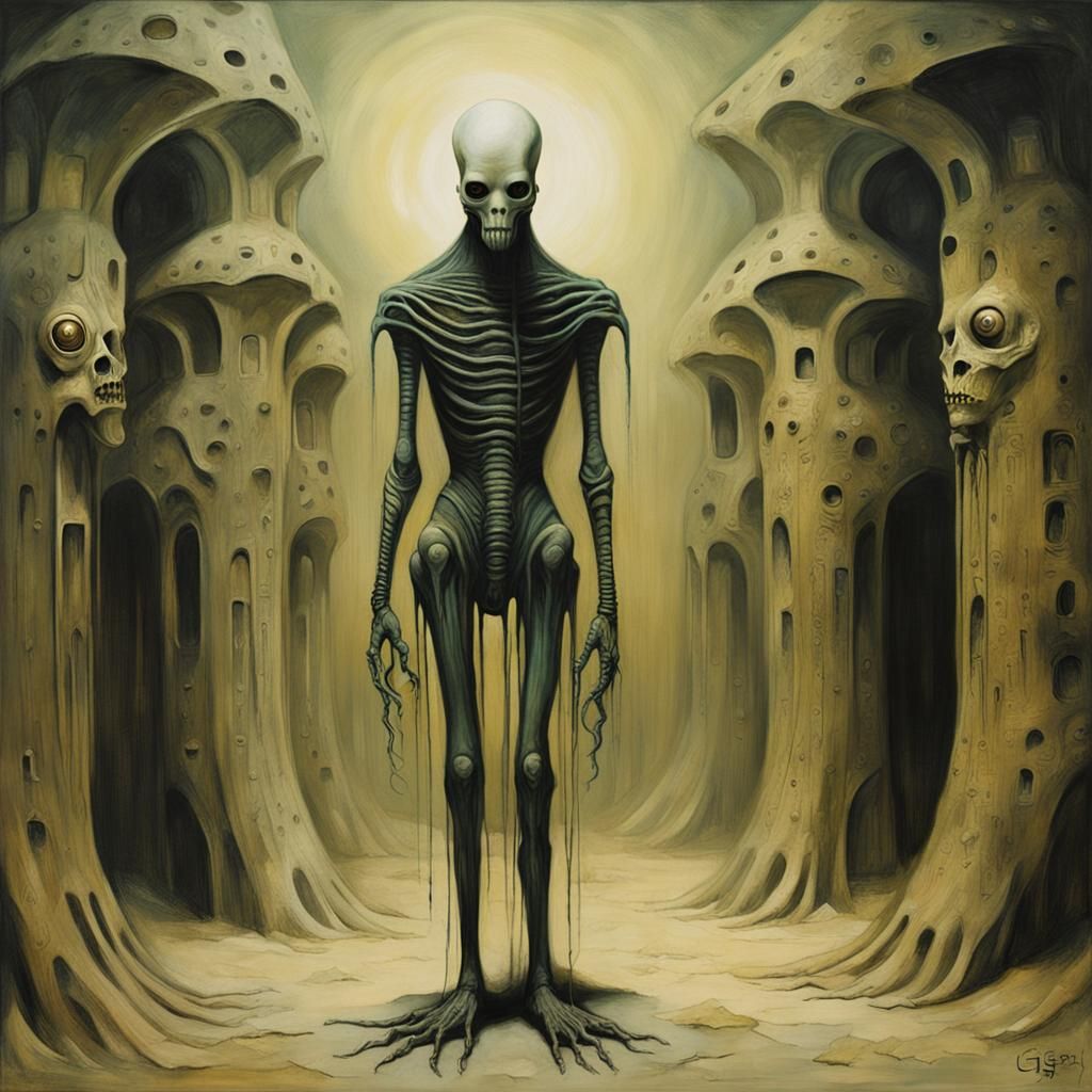 Eerie Pale Creature in Barren Room, Gothic Art