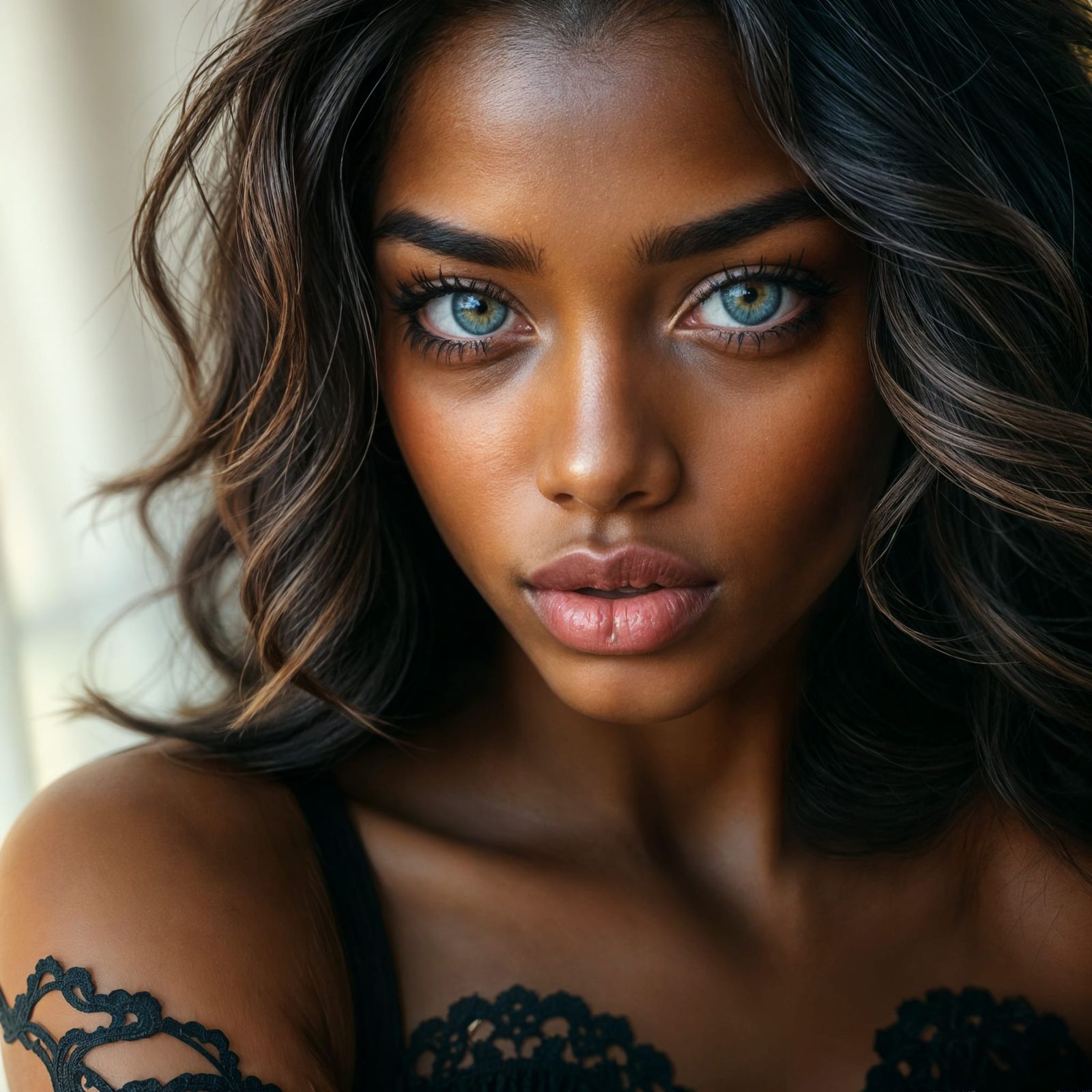 Stunning Afro-American Woman with Crystal Blue Eyes