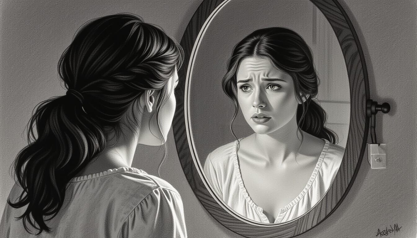 Worried Lover Beside Woman in Mirror