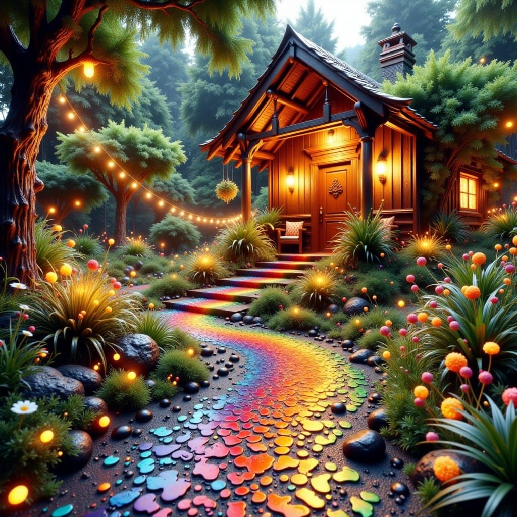 Whimsical Garden Path Illustration with Rustic House