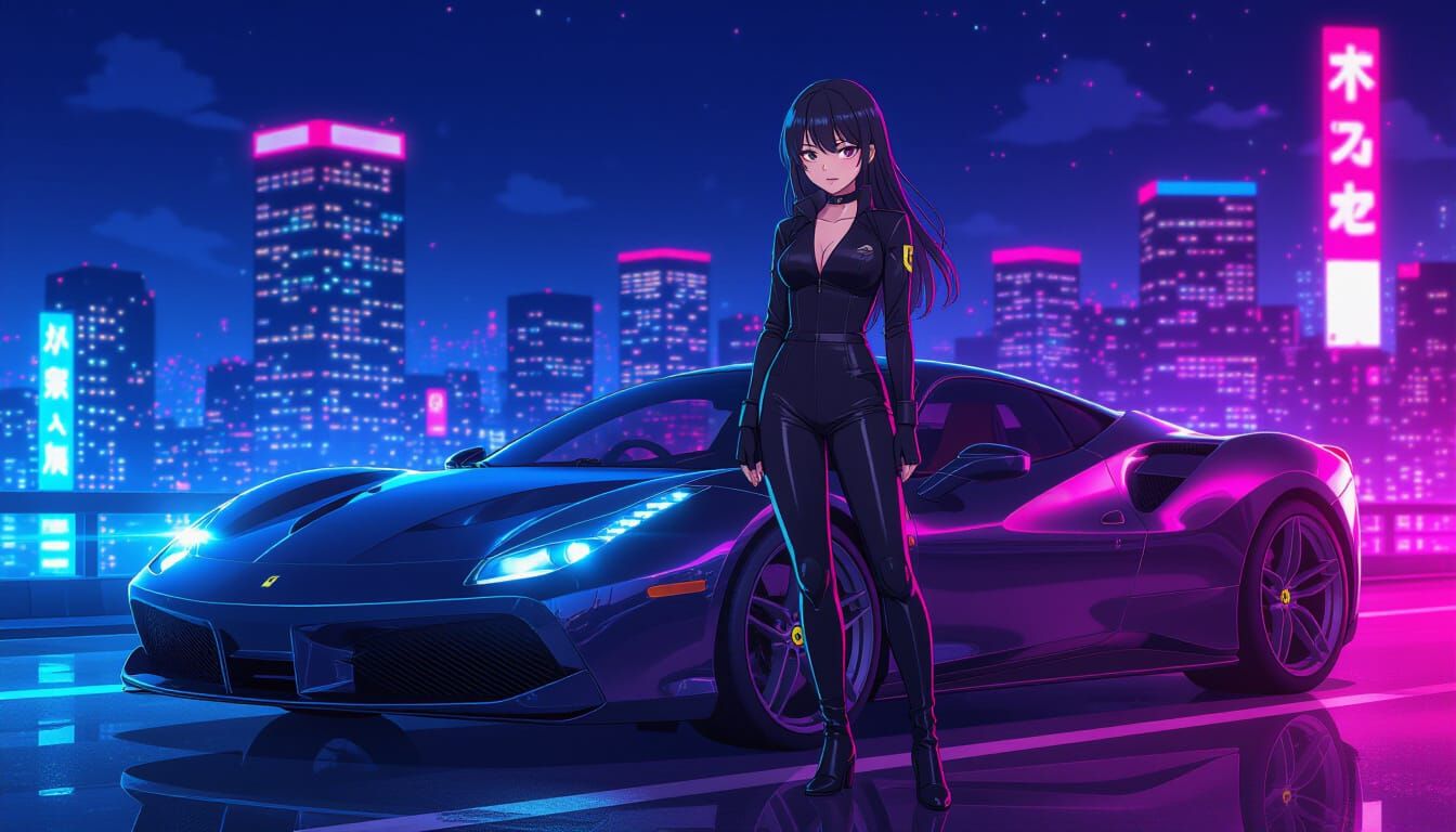 Anime Girl and Ferrari Under Neon Lights