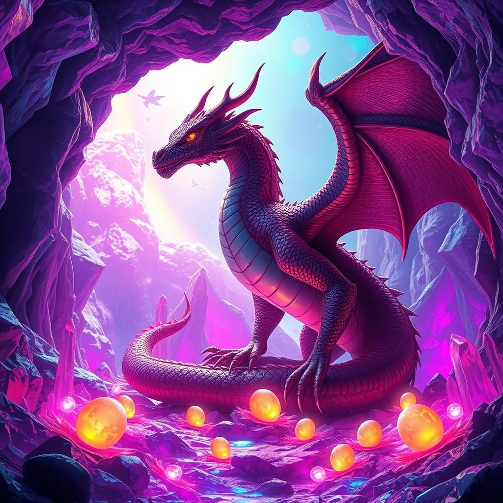 Majestic Dragon in Iridescent Crystal Cave
