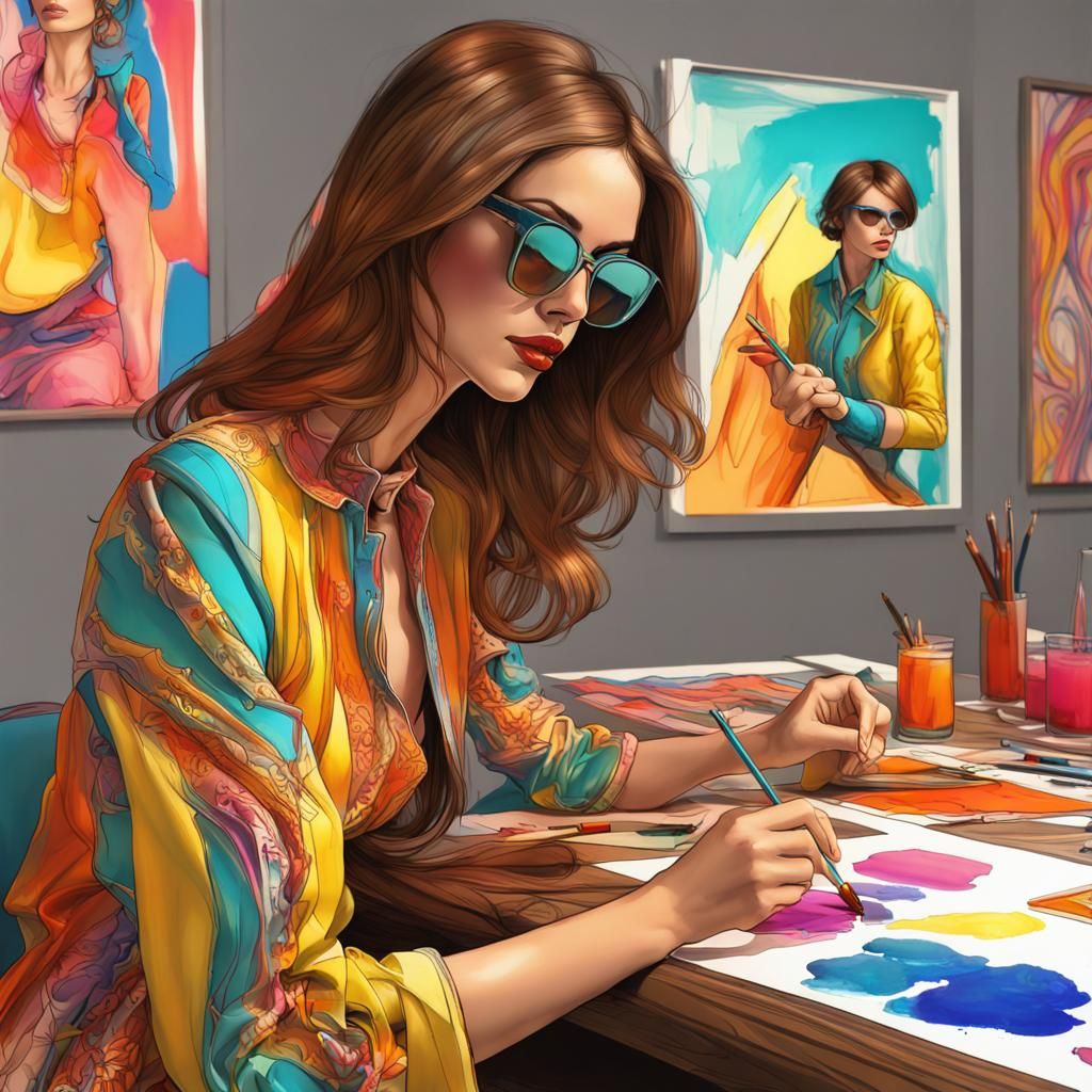 Vibrant 70's Fashion Art Class in 3D Digital Art