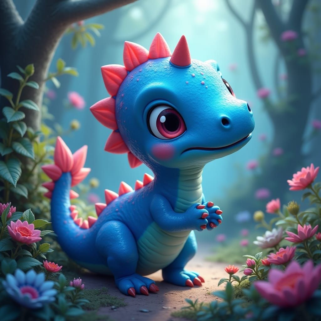 Adorable Blue Dinosaur in Dreamlike Jungle Landscape
