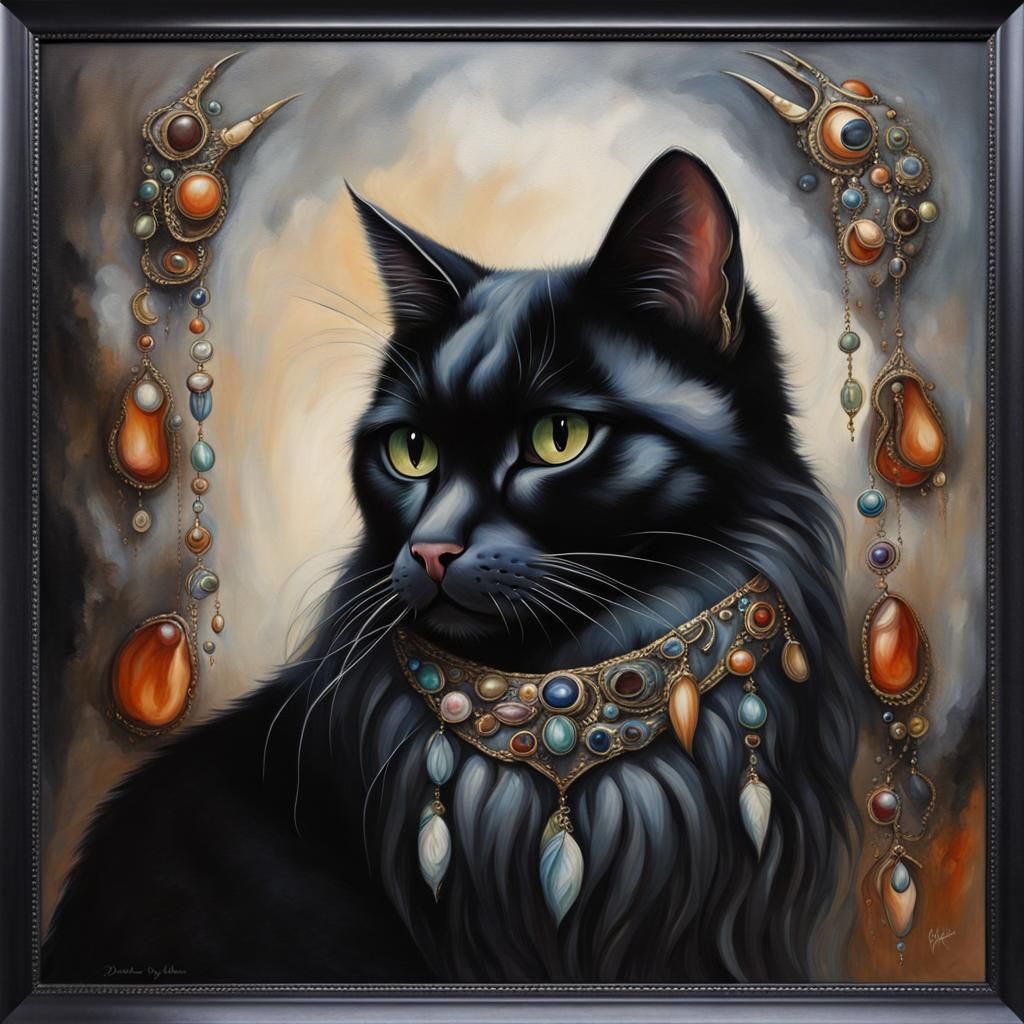 Black Cat with Metal Eyes: An Oil Painting