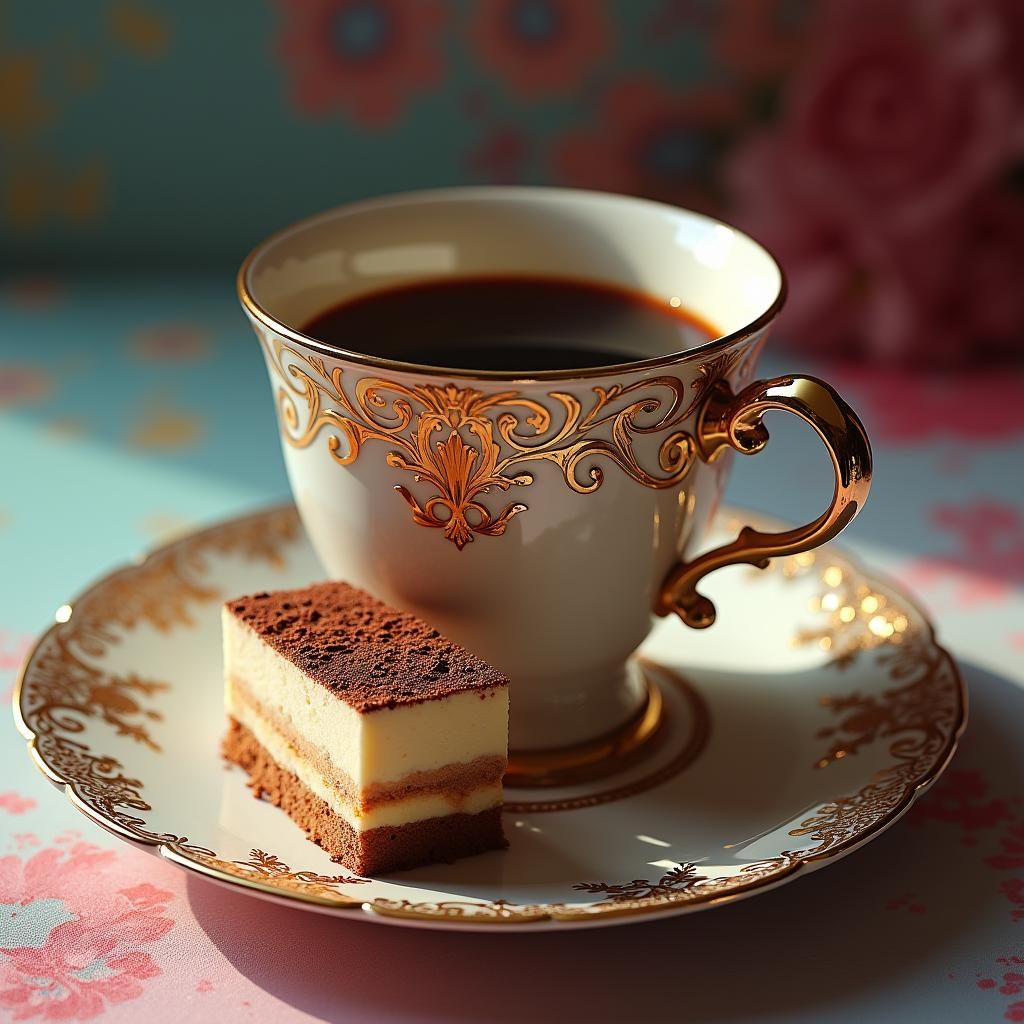 Ornate Coffee Cup and Tiramisu in Splash Art Style
