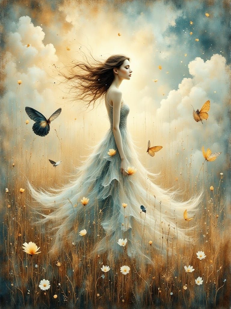 <lora:EtherealVisionsFlux:1.0> <lora:Ethereal Magic Flux:1.0> <lora:divineOil:1.0> <lora:Ink Poet:1.0> A woman made of w...