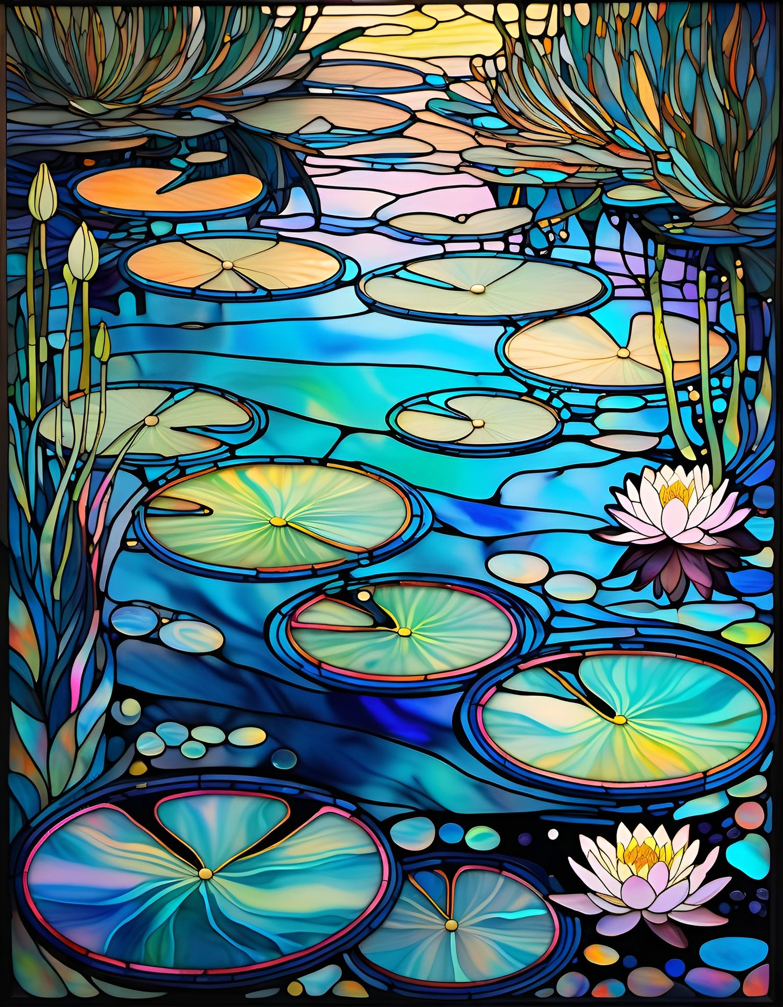Stained Glass Water Lilies in Flowing Liquid