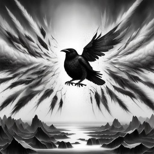 Abstract Raven in Monochrome Ink Drip Style