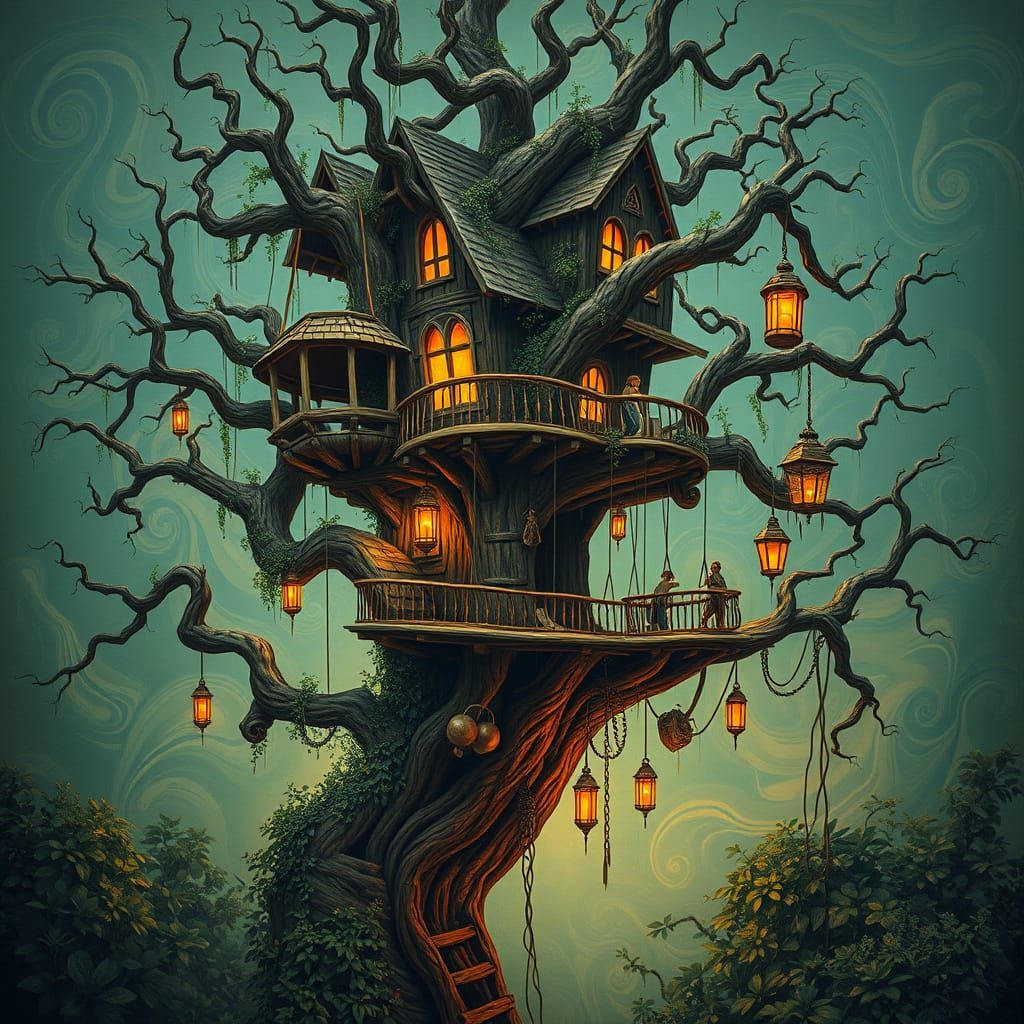 Dreamlike Wooden Treehouse in Surrealist Style