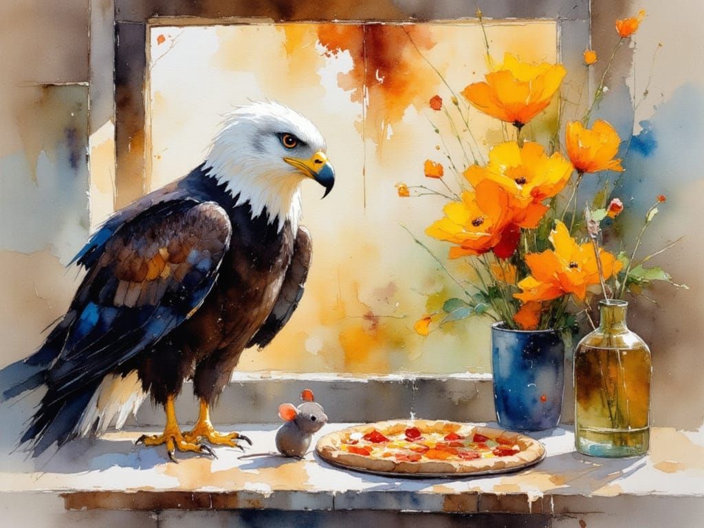 Mouse and Eagle Enjoy Pizza at Restaurant in Mixed Media Sty...