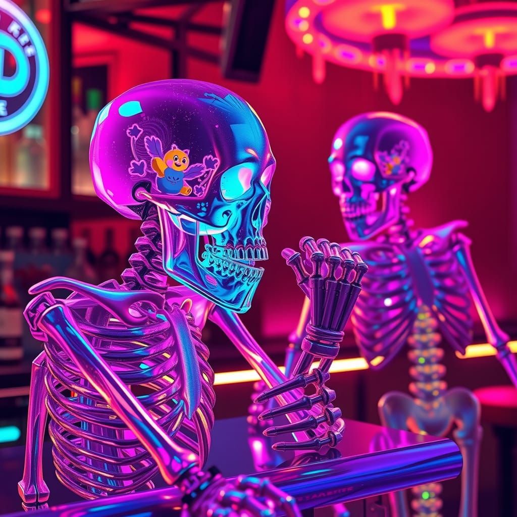 Crystal Skeleton Brawl at Neon Bar in Vibrant Style