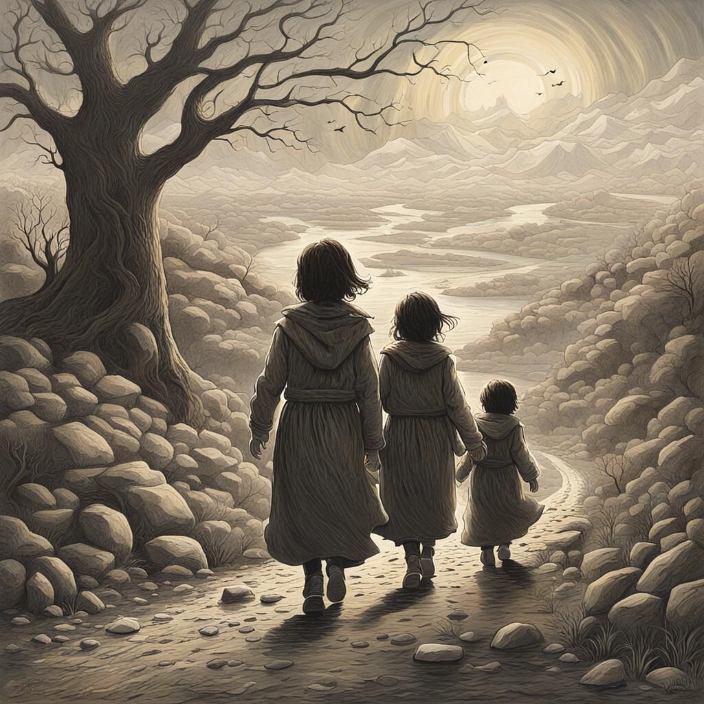 Siblings' Perilous Journey: An Abstract Vector Art