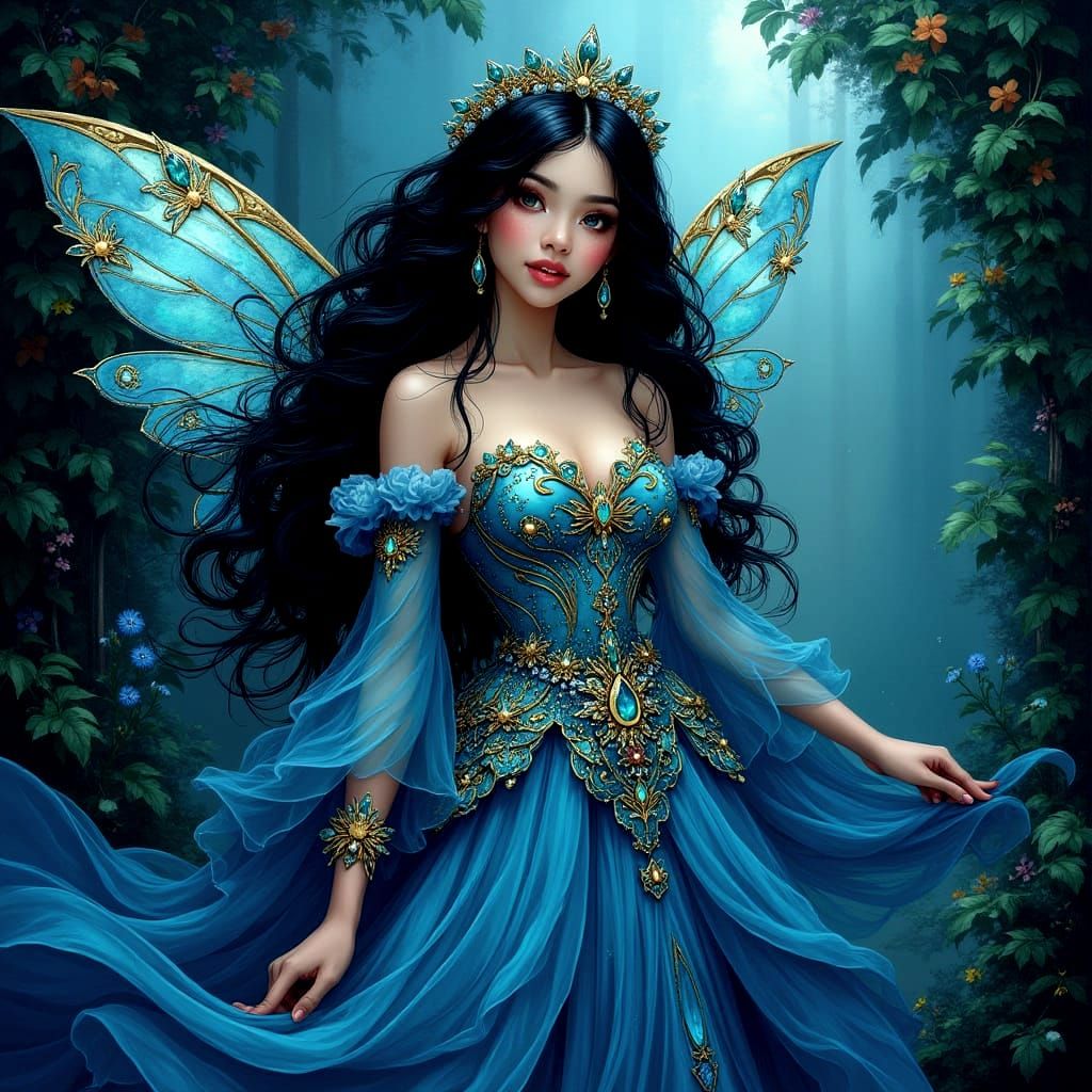 Regal Fairy Queen in a Blue Wonderland Scene