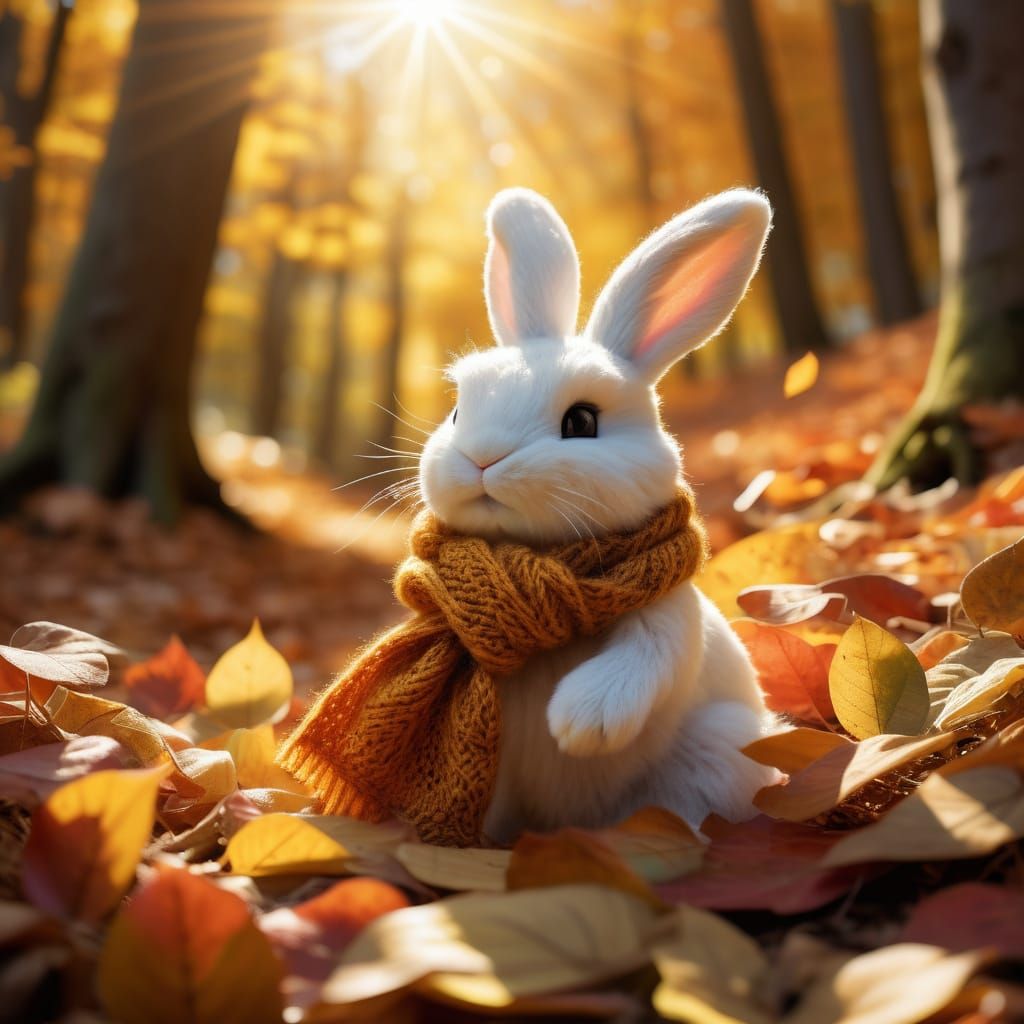 Fluffy Bunny in Autumn Leaves Children's Book Style