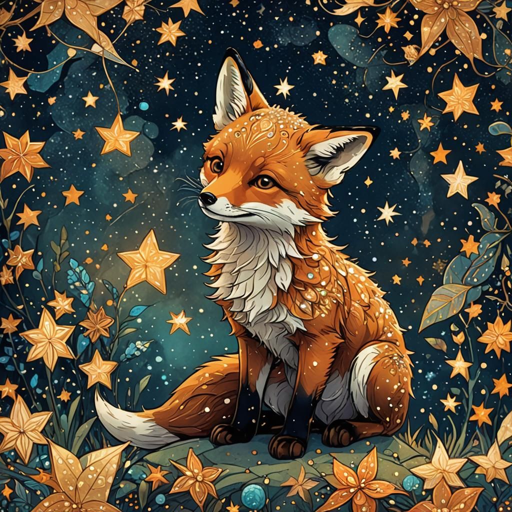 Starry Baby Fox Gazing at Constellations