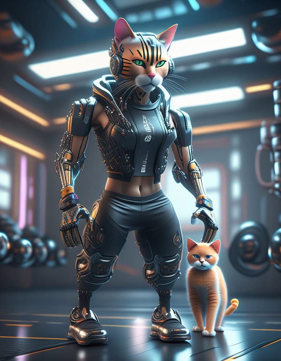 Cyberpunk Cat Personal Trainer with Weights
