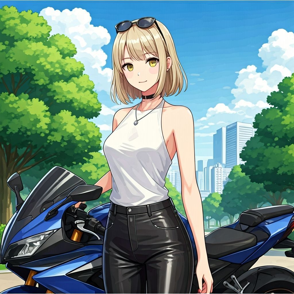 Anime Woman With Yellow Eyes Beside Motorcycle in City Park