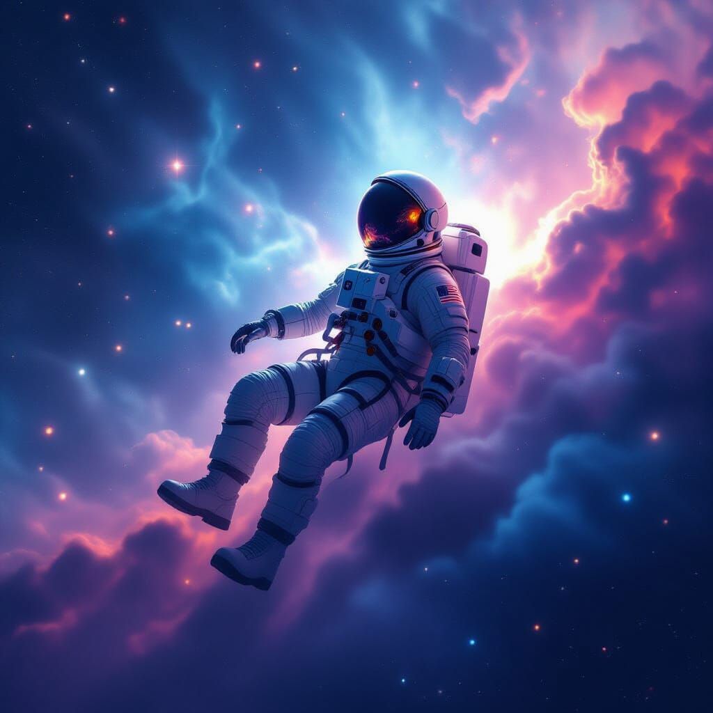 Astronaut Drifting in Vibrant Cosmic Nebula