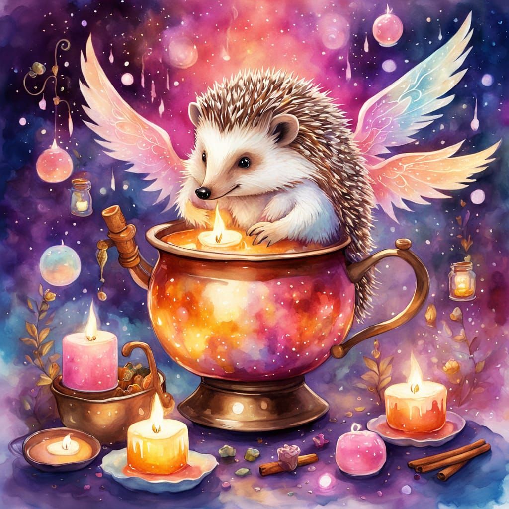 Hedgehog Alchemist and Glowing Cauldron in Watercolor Style