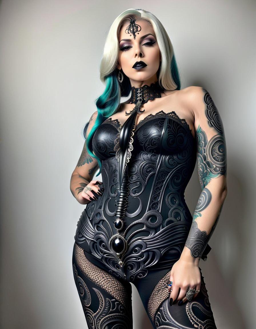 Ethereal Pin-Up with Giger-Inspired Tattoo
