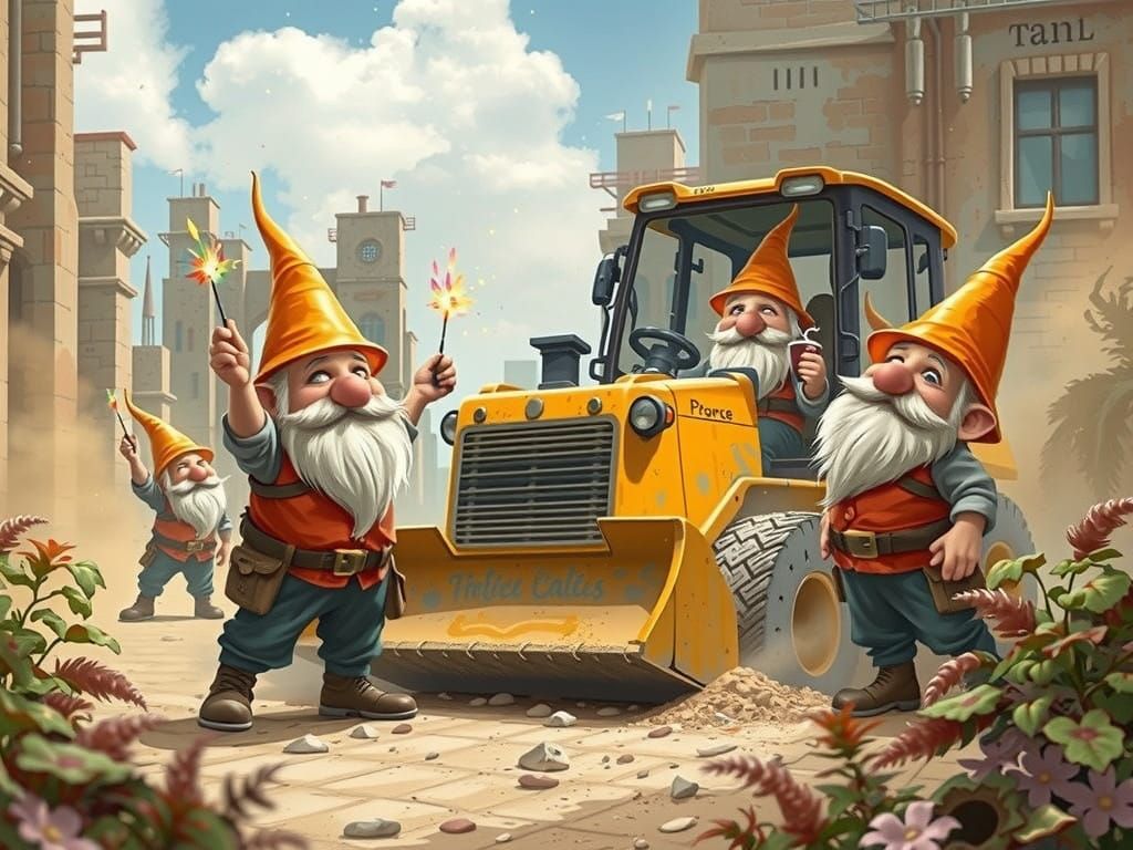 Gnomes at Work in Whimsical Sunlit Landscape
