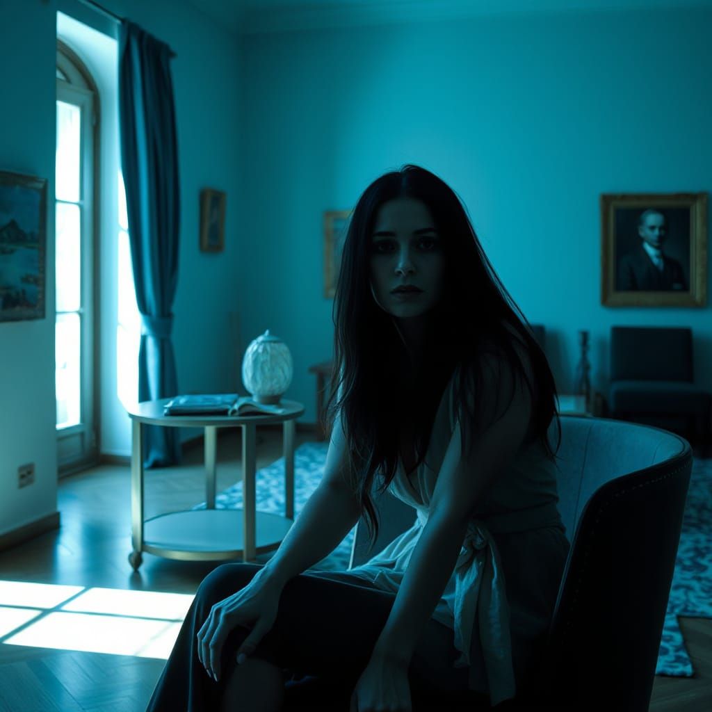 Woman in Long Black Hair Seated in Dark, Ominous Room