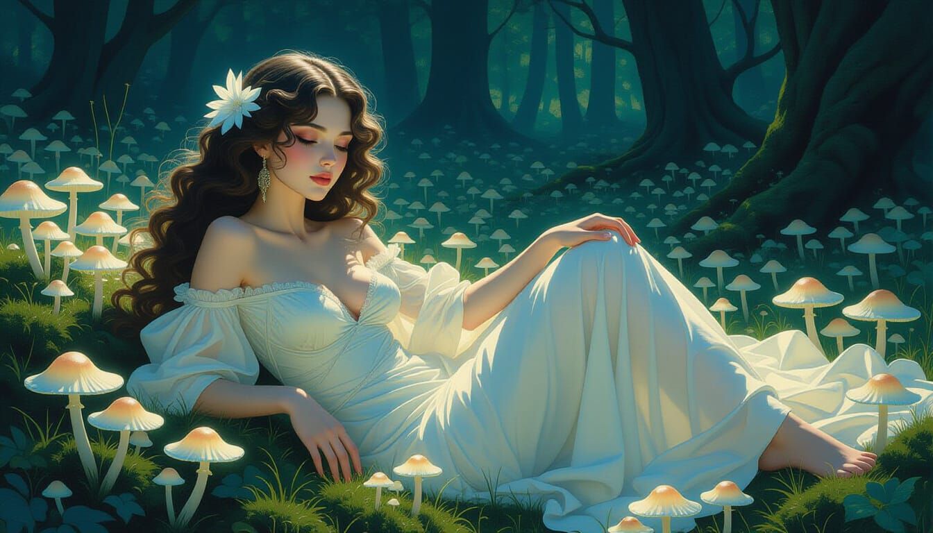 Ethereal Goddess in Enchanted Forest, Romantic Illustration