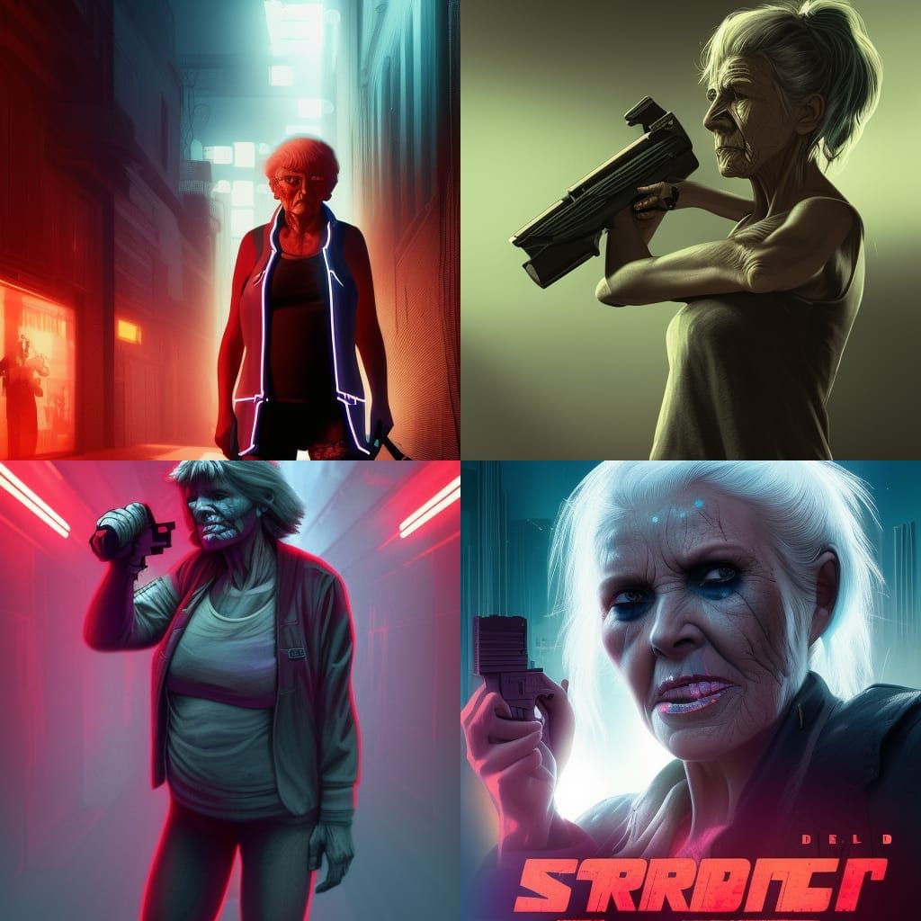 Cyberpunk Grandma with Shotgun in Neon City