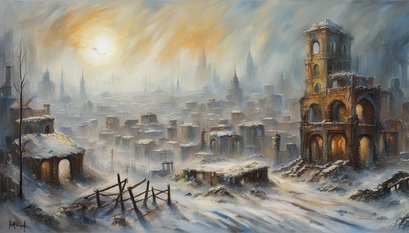 Winter in a Ruined Cityscape Rendered in Oil Painting Style