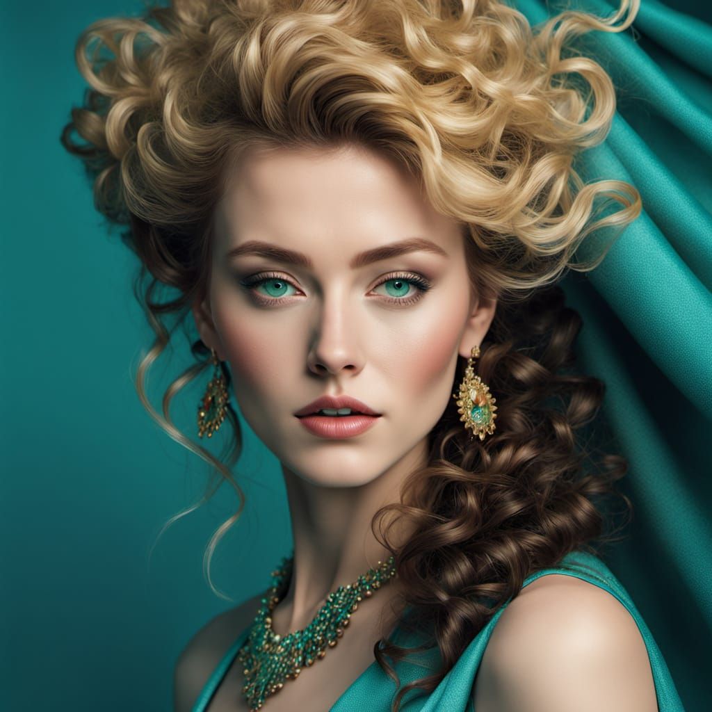 Ghibli-Style Model Posing with Turquoise Fabric