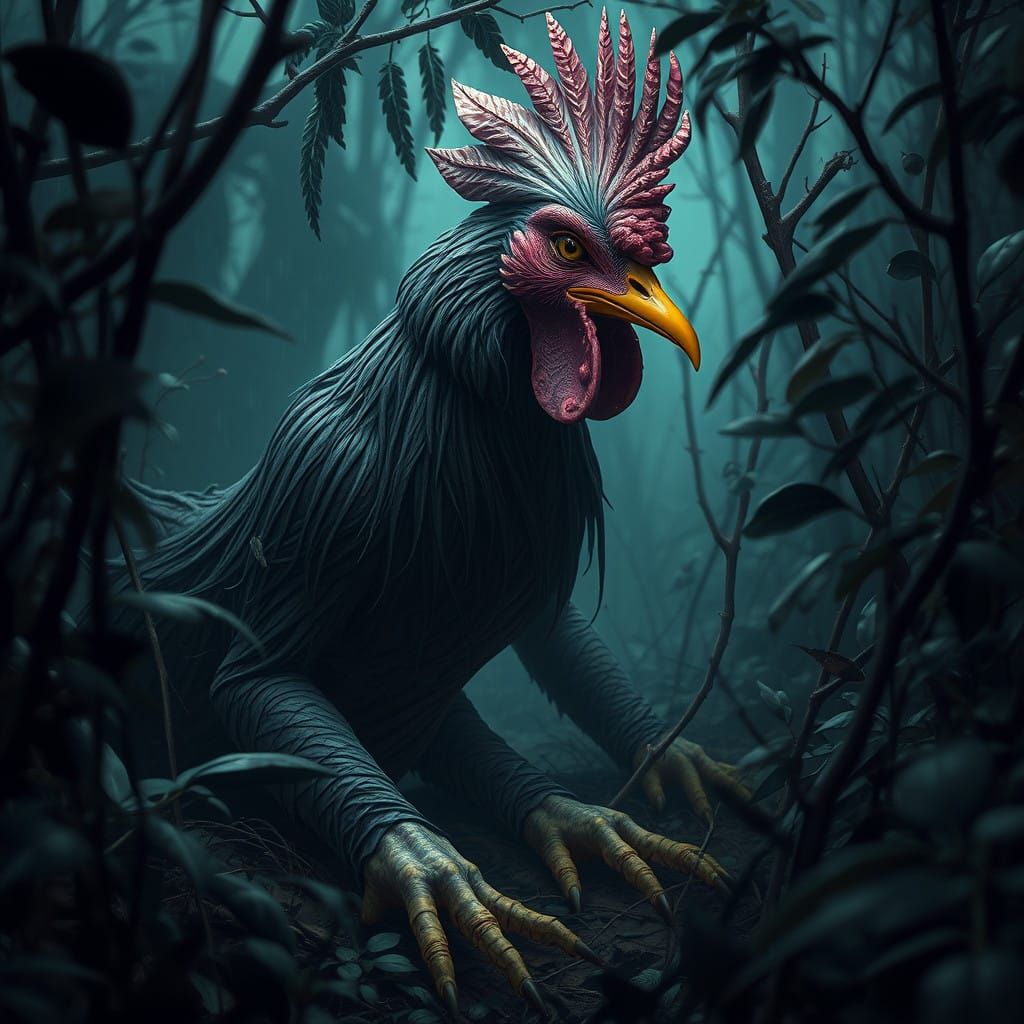 Humanoid Creature Waits in Underbrush with Chicken Head and...