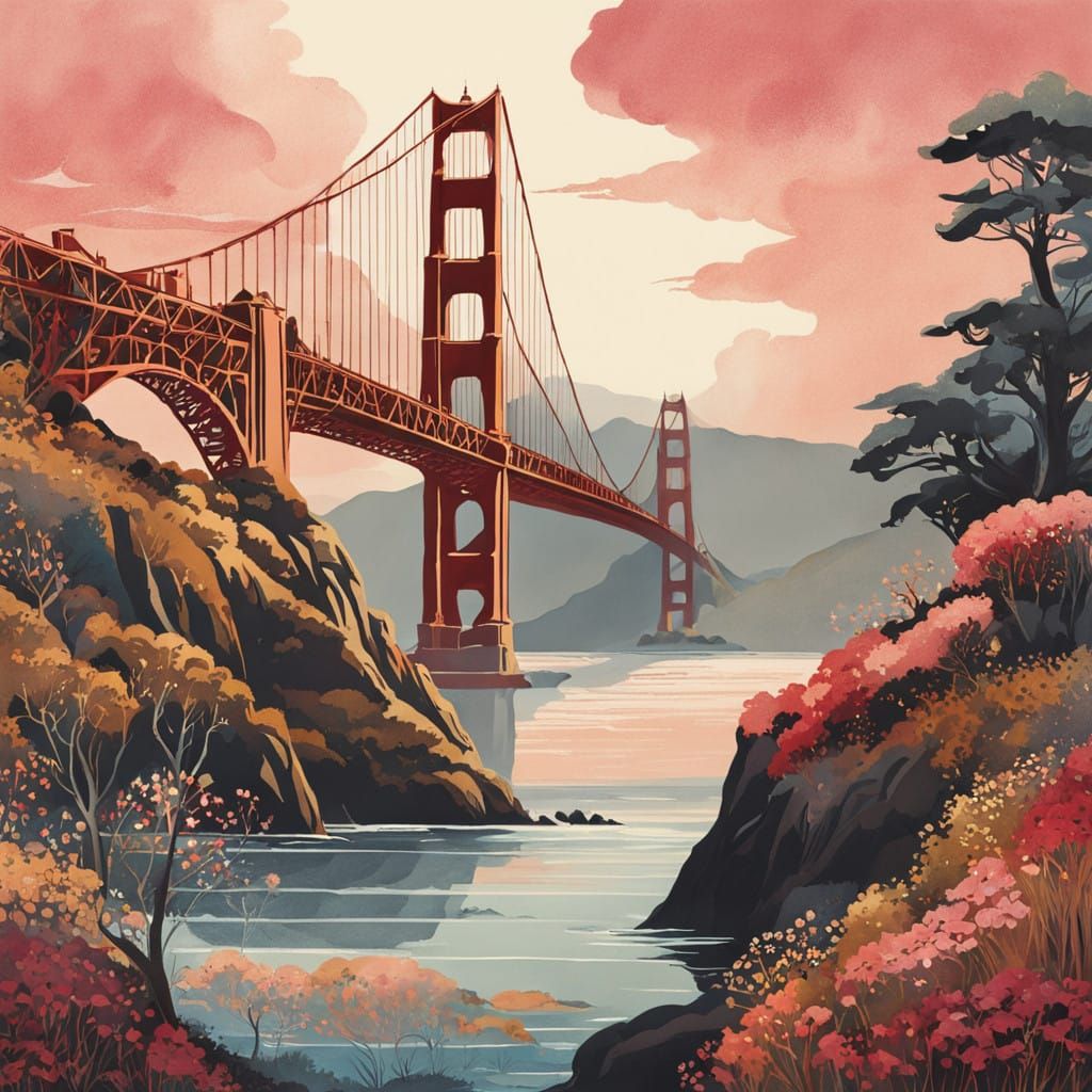 Golden Gate Bridge Fantasy Landscape in Cel-Shaded Style
