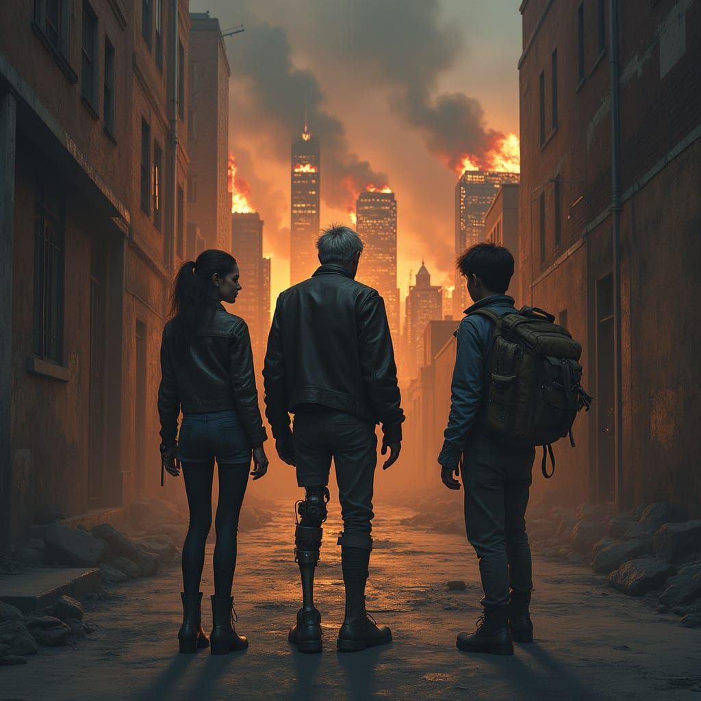 Survivors Stand Together in a Burning Cityscape