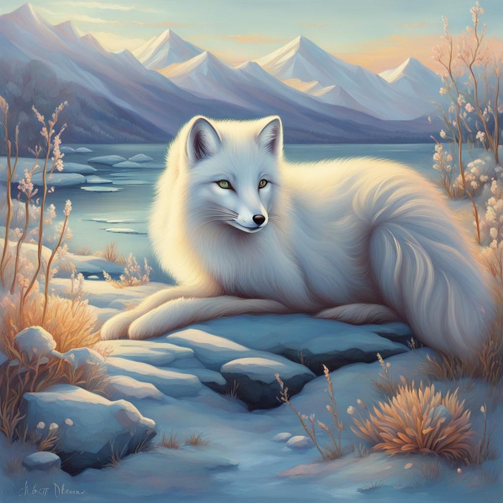 Art Nouveau Arctic Fox in Morning Light
