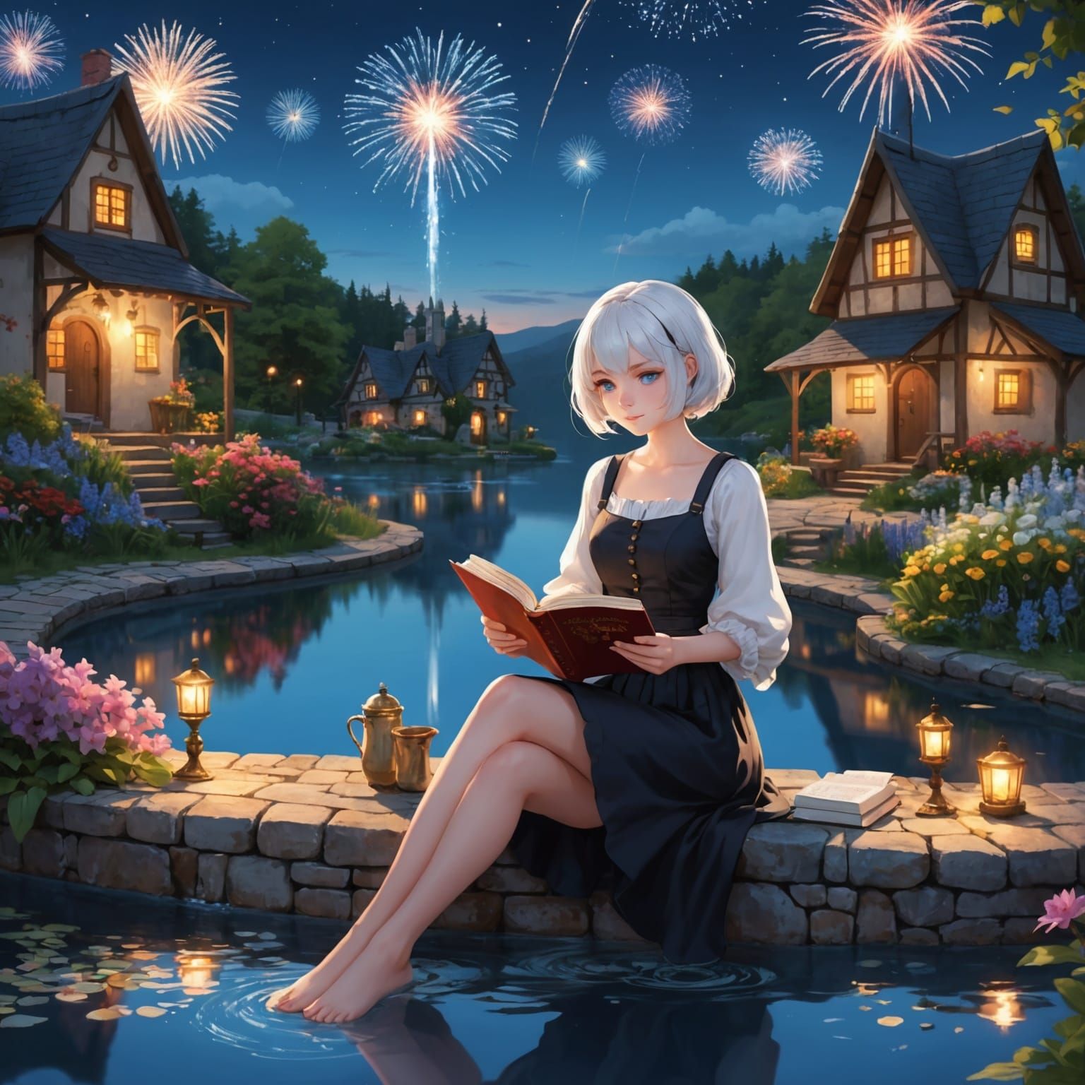 Beautiful Woman Reading by Lake at Night