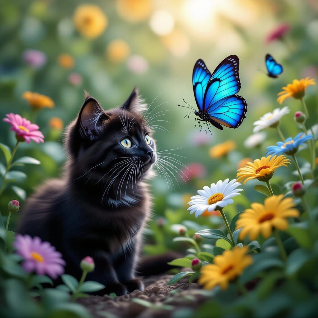 Black Kitten and Blue Butterfly in Garden, Precisionism Styl...