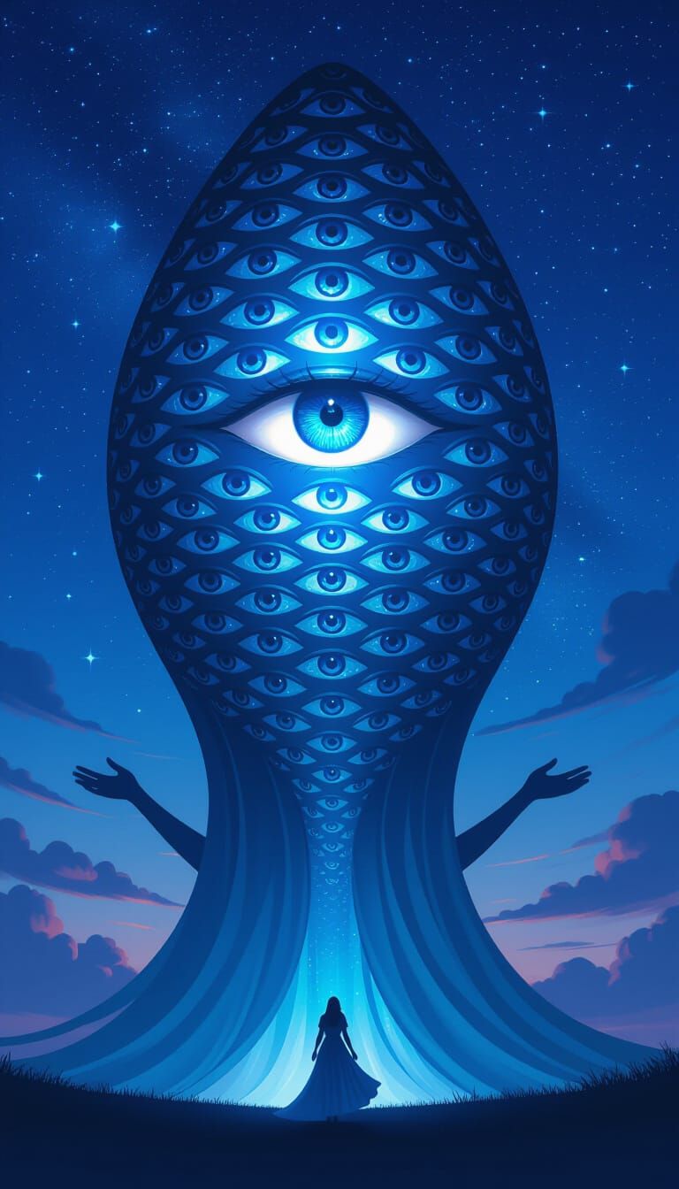 Cosmic Entity of Eyes in Starry Night Sky