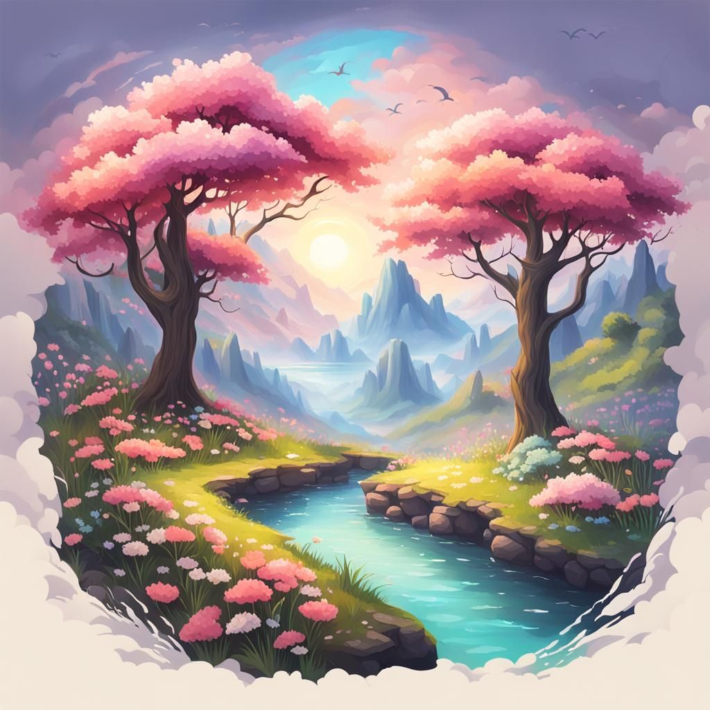 Dreamy Spring Landscape with Colorful Flowers