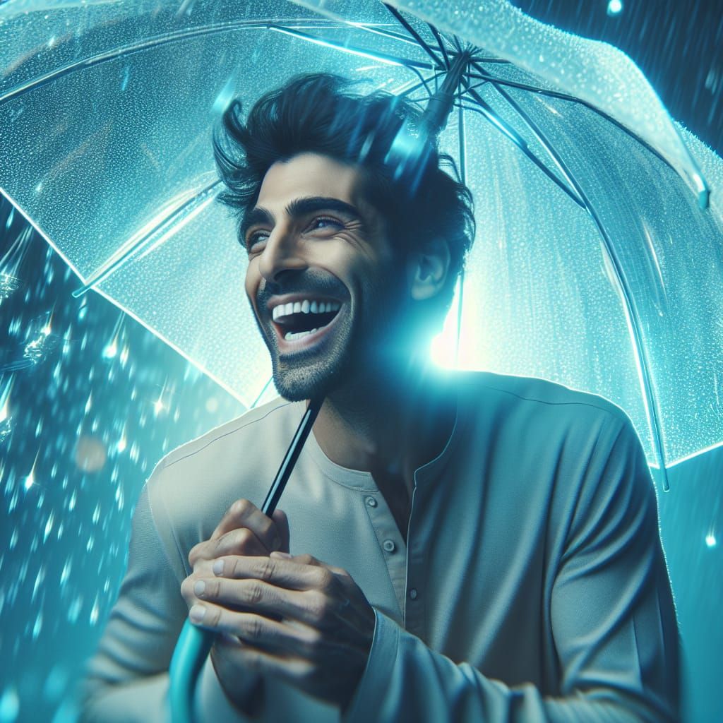 Man Laughing Under Glowing Rain: Photorealistic Image