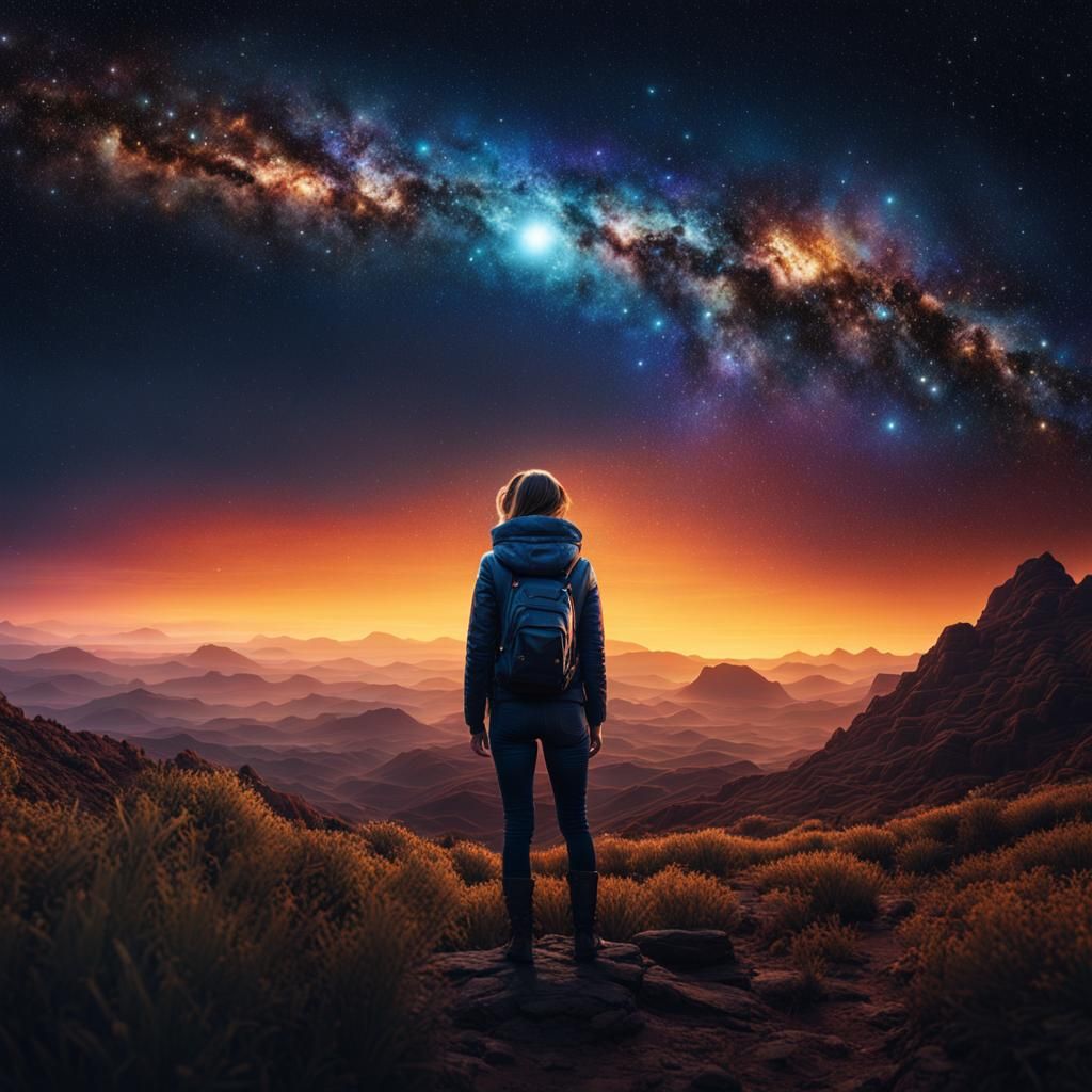 Woman Views Starry Sky on Alien World