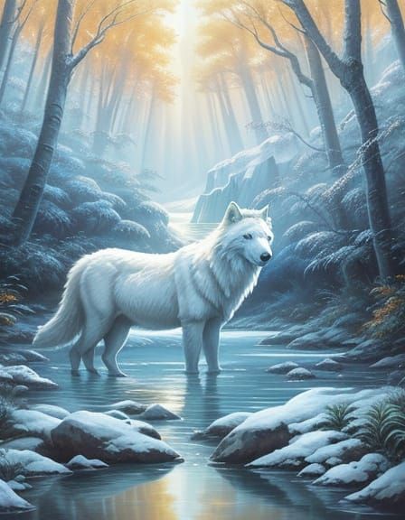 Wounded White Wolf in Dreamlike Fantasy Landscape