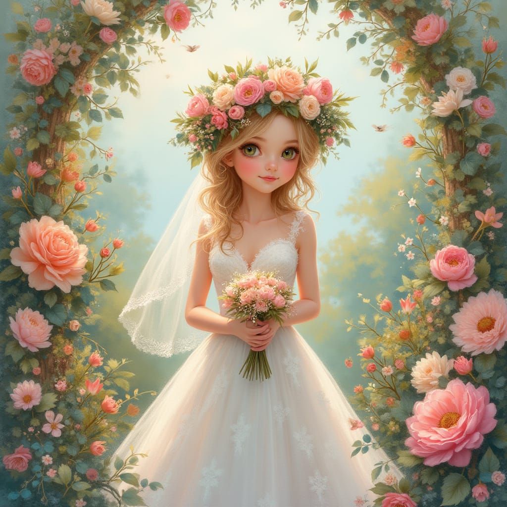 Bride in Whimsical Impressionist Wedding Scene with Lush Flo...